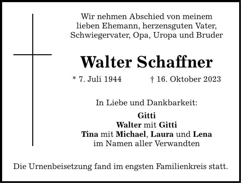 Traueranzeige Walter Schaffner