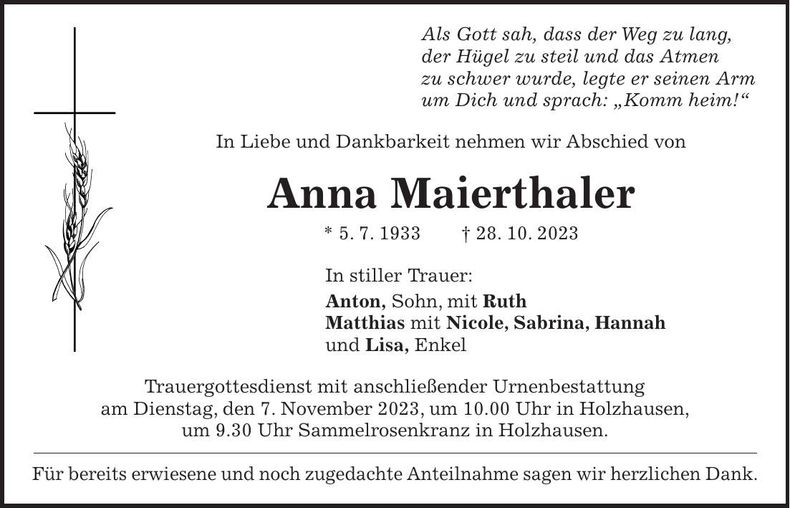 Traueranzeige Anna Maierthaler