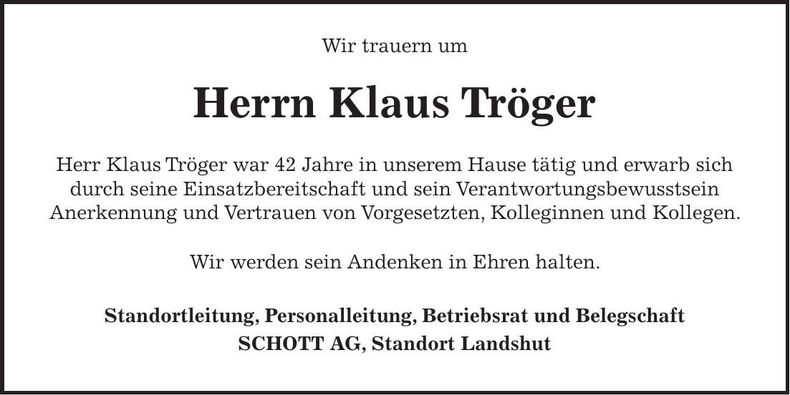 Traueranzeige Klaus Tröger