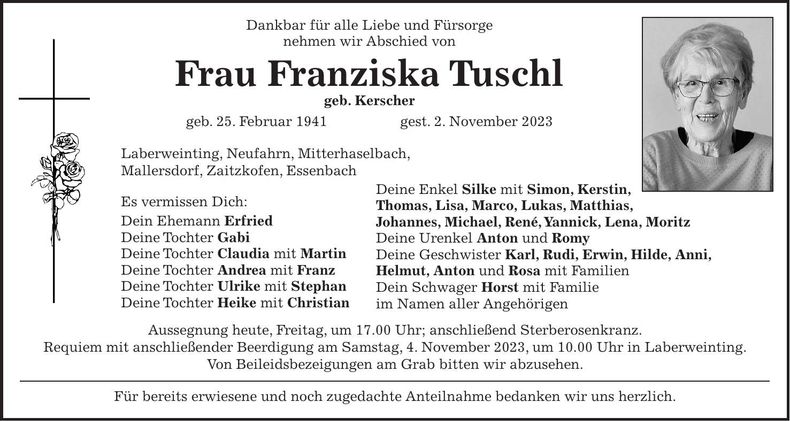 Traueranzeige Franziska Tuschl