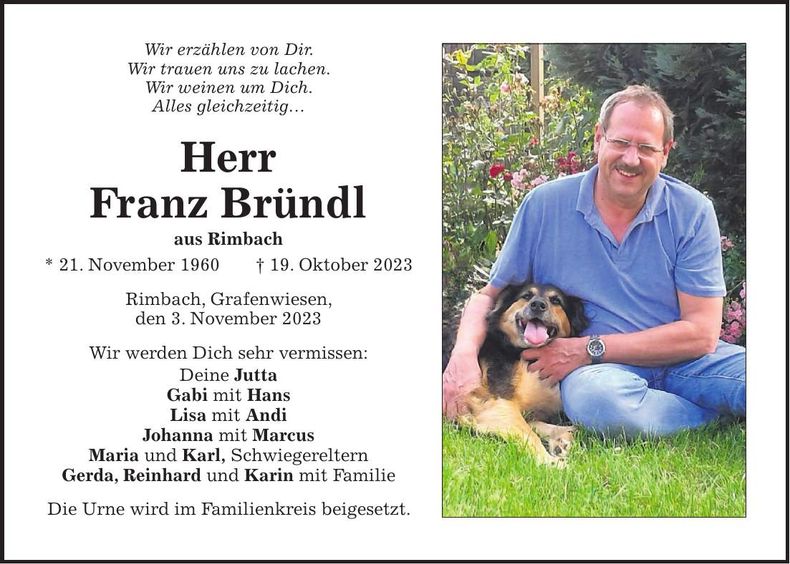 Traueranzeige Franz Bründl
