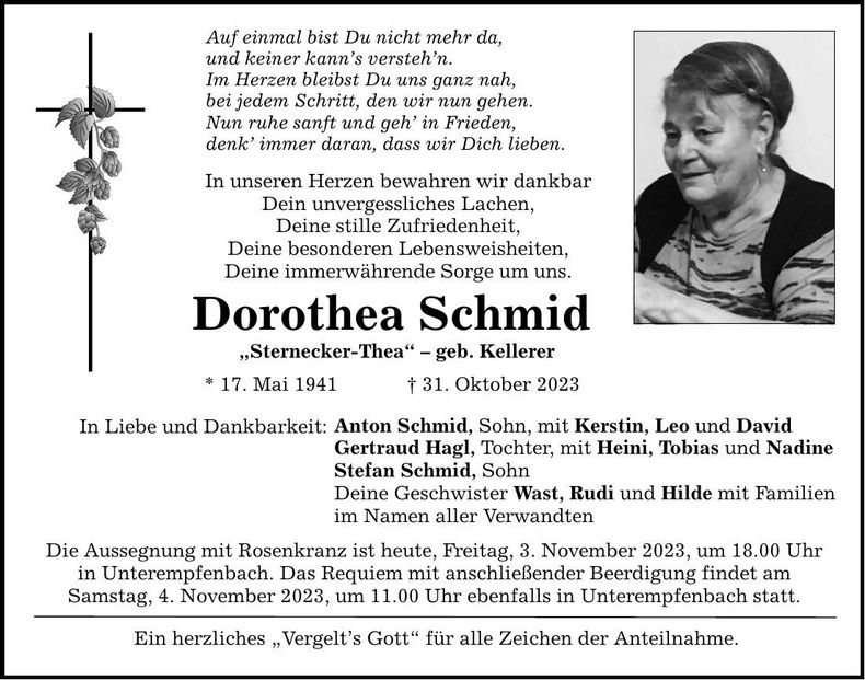 Traueranzeige Dorothea Schmid
