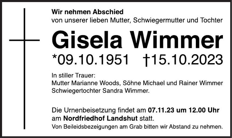 Traueranzeige Gisela Wimmer