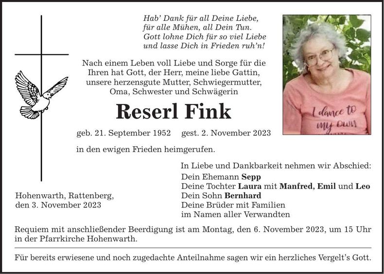 Traueranzeige Reserl Fink