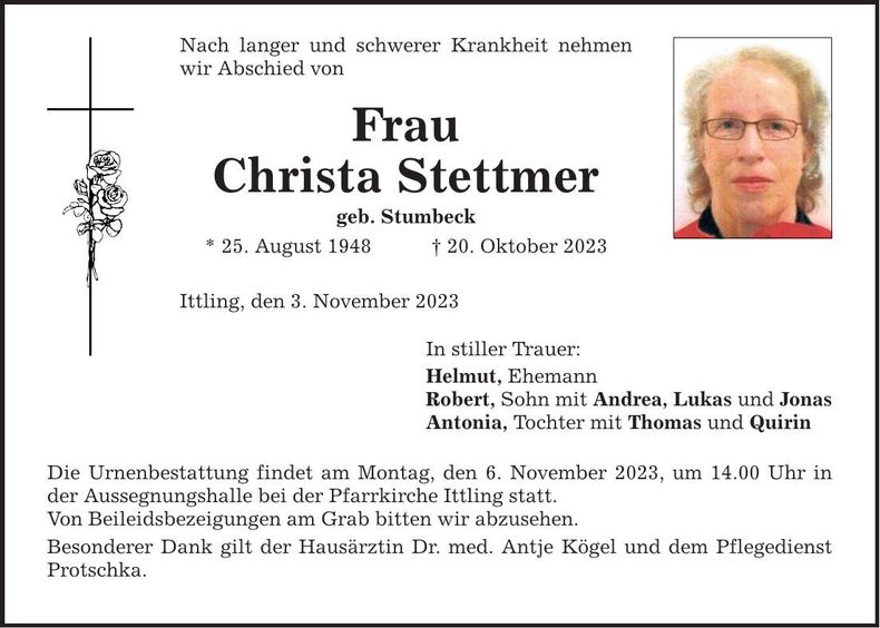 Traueranzeige Christa Stettmer