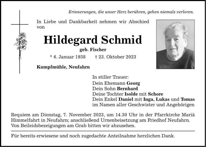 Traueranzeige Hilegard Schmid