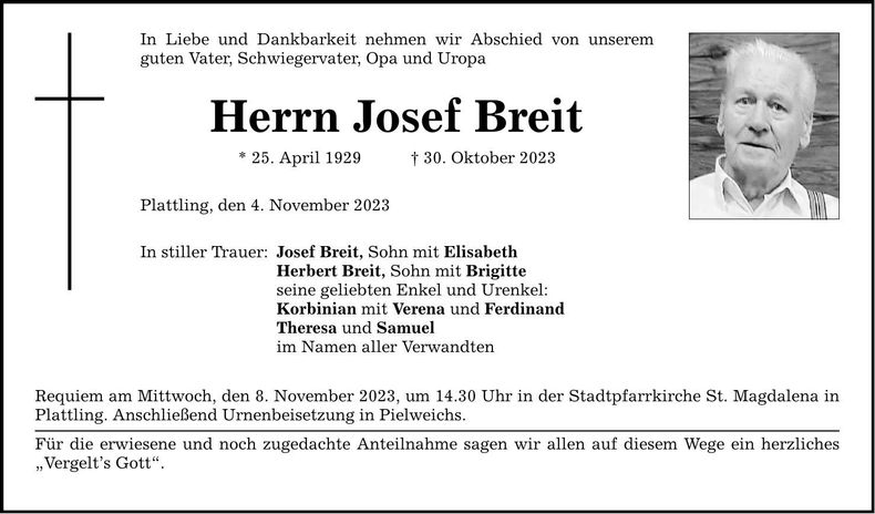 Traueranzeige Josef Breit