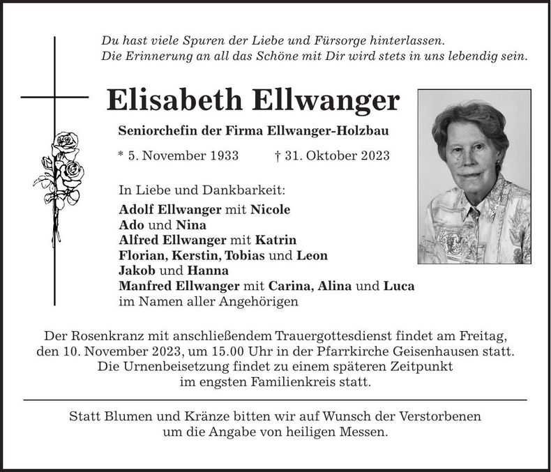 Traueranzeige Elisabeth Ellwanger