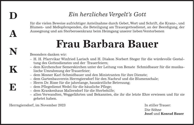 Traueranzeige Barbara Bauer