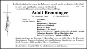 Traueranzeige Adolf Brenninger