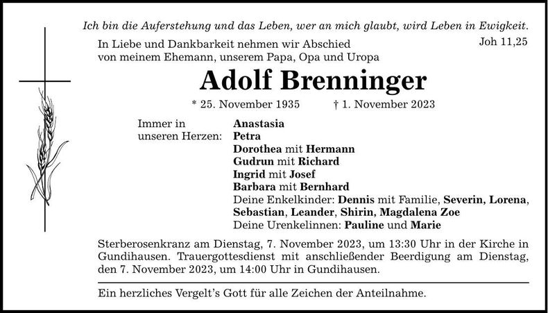 Traueranzeige Adolf Brenninger