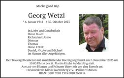Traueranzeige Georg Wetzl