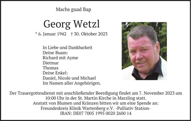 Traueranzeige Georg Wetzl
