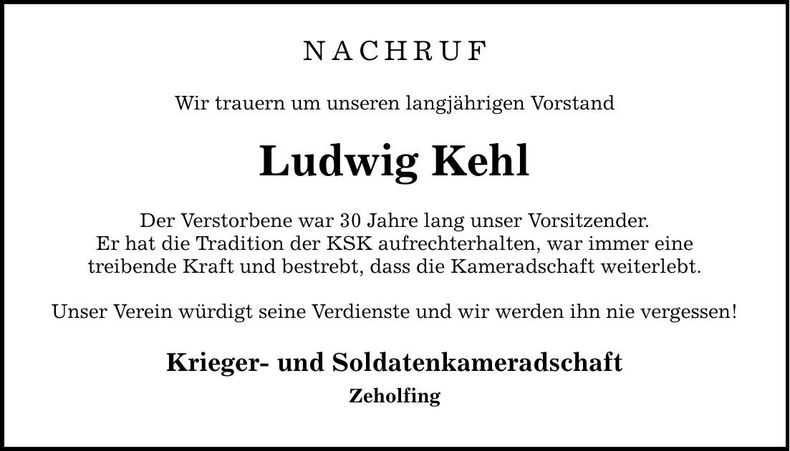 Traueranzeige Ludwig Kehl
