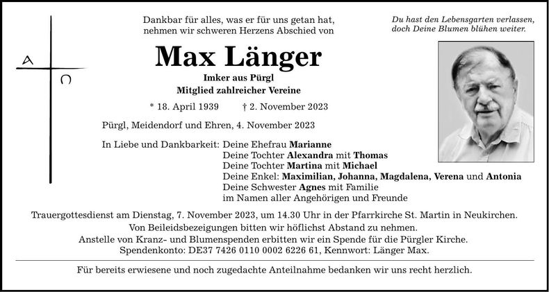 Traueranzeige Max Länger