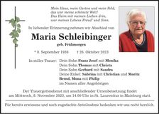 Traueranzeige Maria Schleibinger