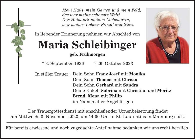 Traueranzeige Maria Schleibinger