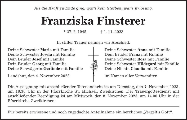 Traueranzeige Franziska Finsterer