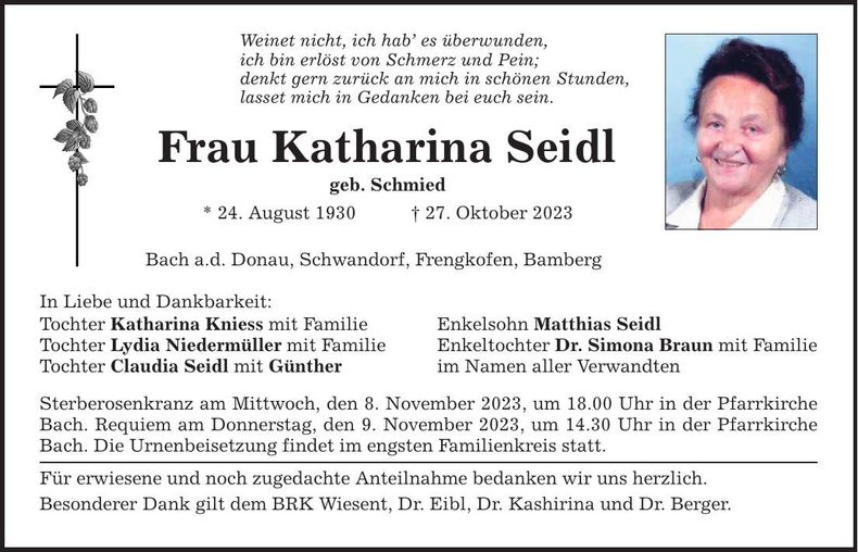 Traueranzeige Katharina Seidl