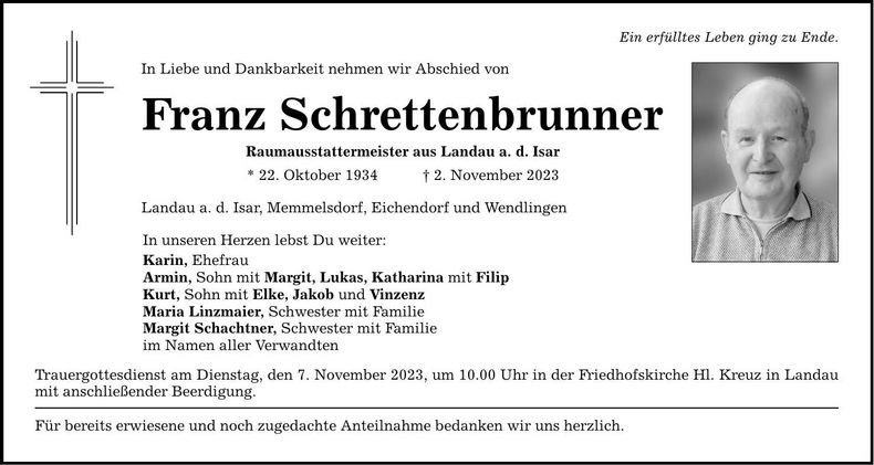 Traueranzeige Franz Schrettenbrunner
