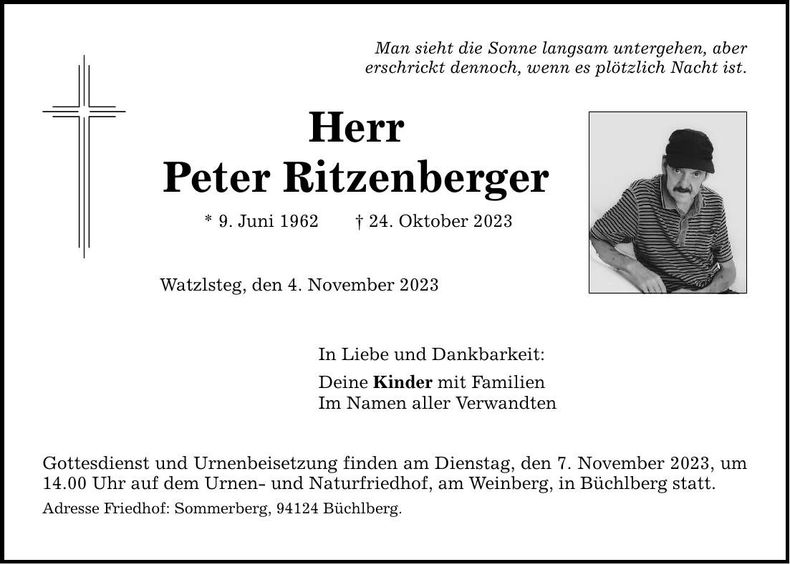 Traueranzeige Peter Ritzenberger