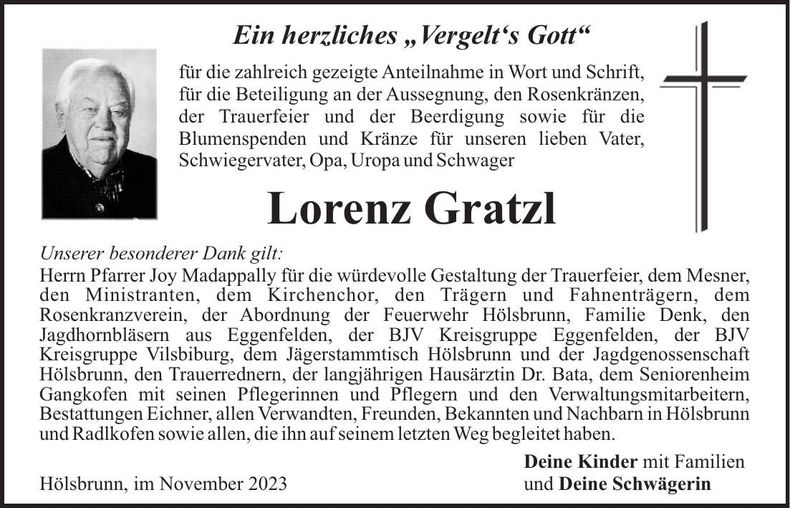 Traueranzeige Lorenz Gratzl