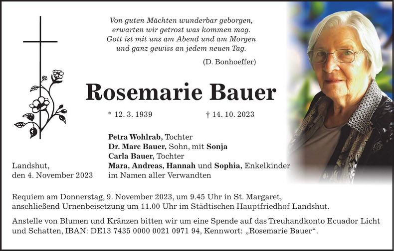 Traueranzeige Rosemarie Bauer