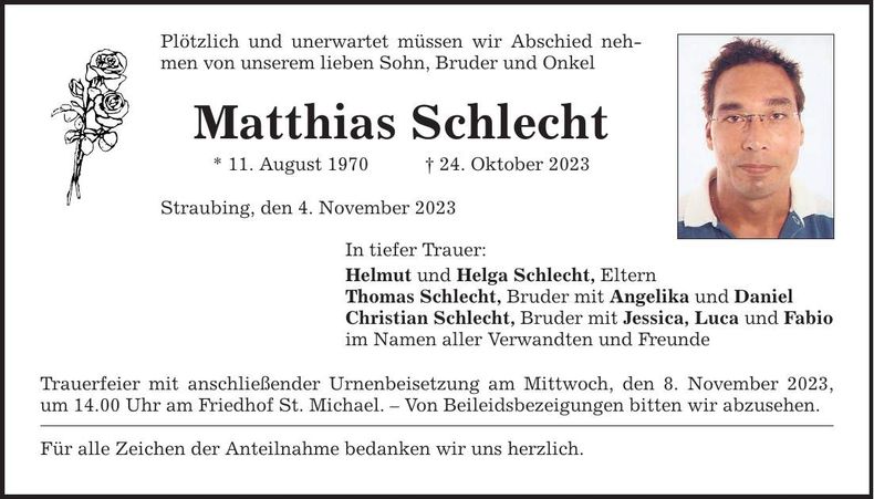 Traueranzeige Matthias Schlecht