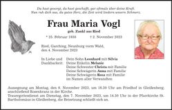 Traueranzeige Maria Vogl