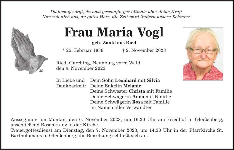 Traueranzeige Maria Vogl