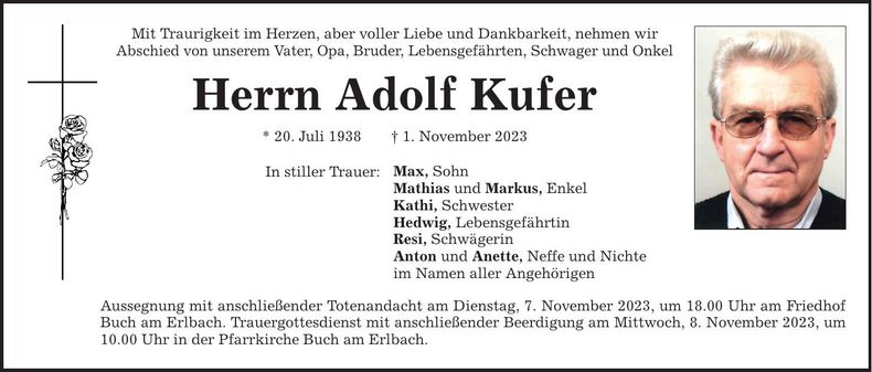 Traueranzeige Adolf Kufer