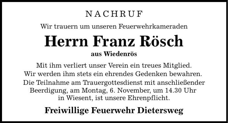 Traueranzeige Franz Rösch