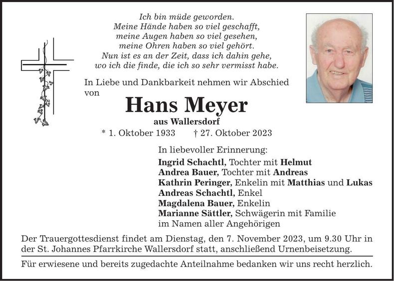Traueranzeige Hans Meyer