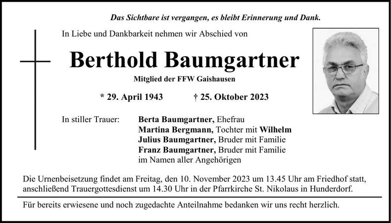 Traueranzeige Berthold Baumgartner