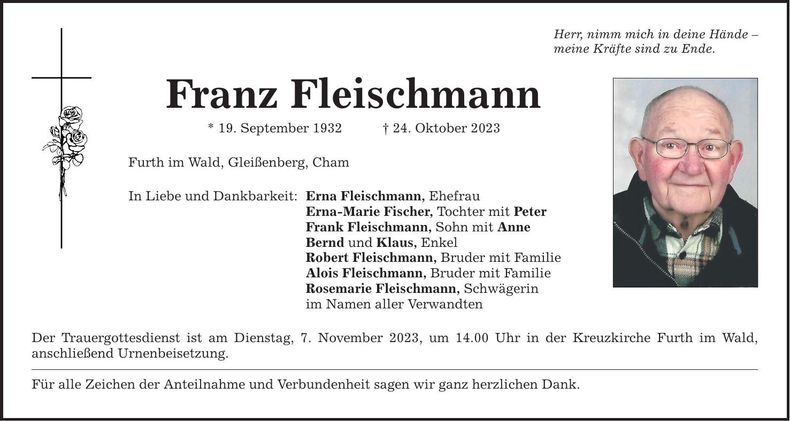 Traueranzeige Franz Fleischmann