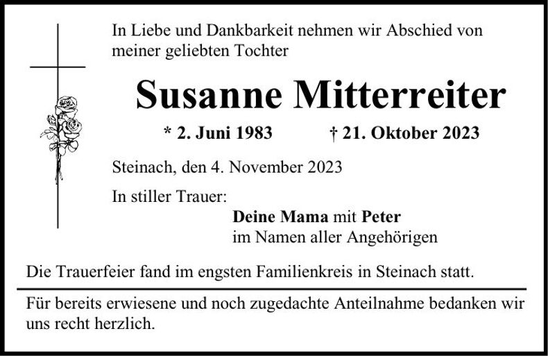 Traueranzeige Susanne Mitterreiter