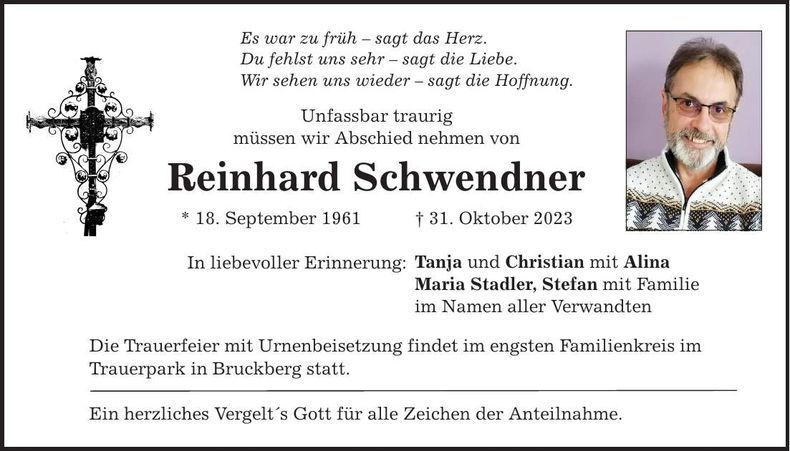 Traueranzeige Reinhard Schwendner