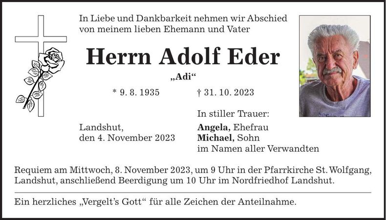 Traueranzeige Adolf Eder