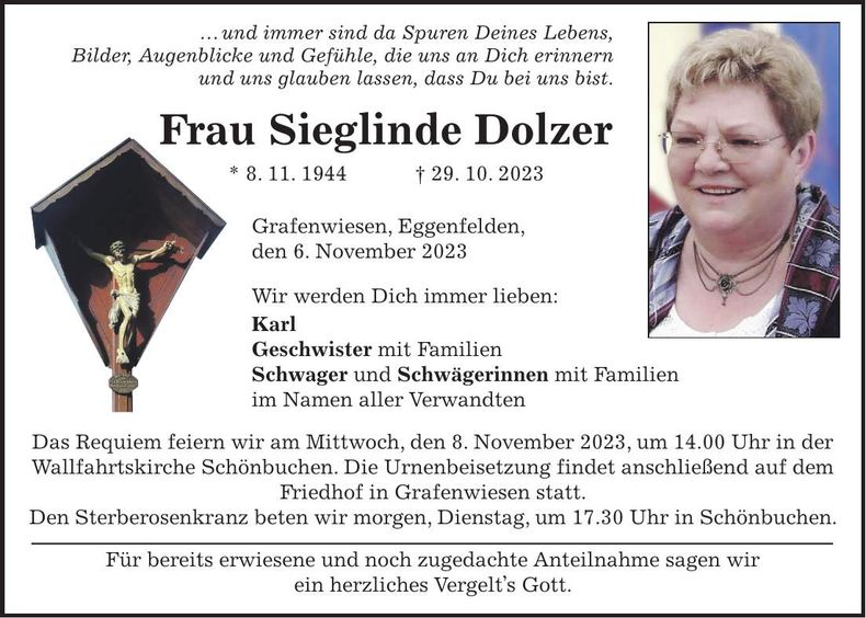 Traueranzeige Sieglinde Dolzer