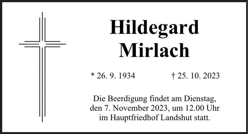 Traueranzeige Hildegard Mirlach