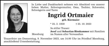 Traueranzeige Ingrid Ortmaier