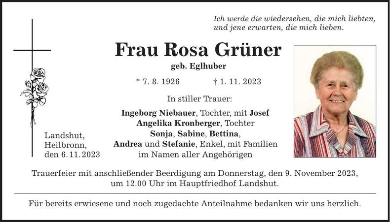 Traueranzeige Rosa Grüner