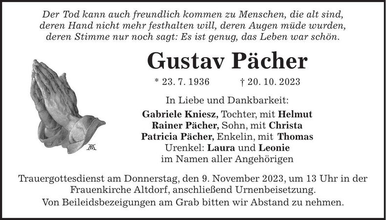 Traueranzeige Gustav Pächer