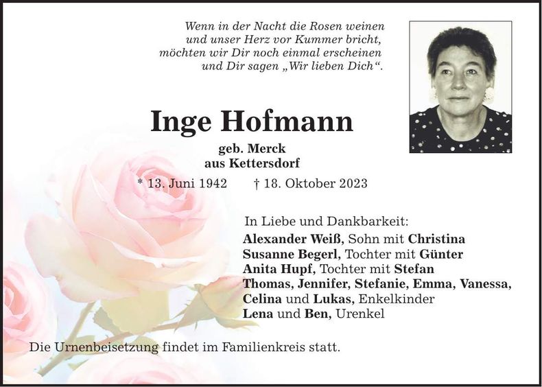 Traueranzeige Inge Hofmann