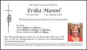 Traueranzeige Erika Mannl
