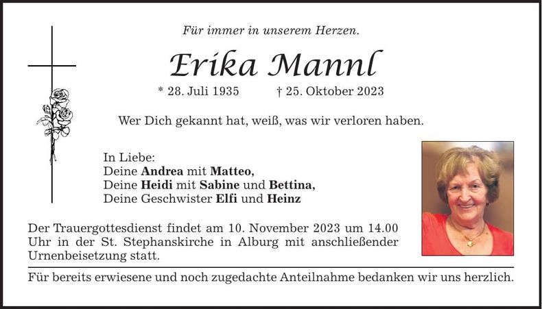 Traueranzeige Erika Mannl