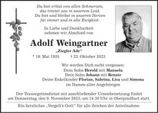 Traueranzeige Adolf Weingartner