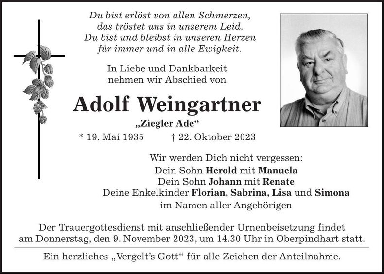 Traueranzeige Adolf Weingartner