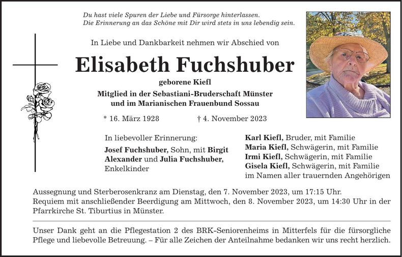 Traueranzeige Elisabeth Fuchshuber