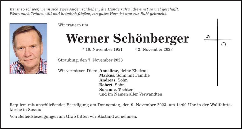 Traueranzeige Werner Schönberger